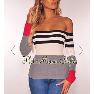 Navy/White Striped Ribbed Knit Off Shoulder Top